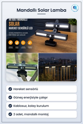 Mandallı Solar Led Lamba Hareket Sensörlü Güneş Enerjili Kablosuz