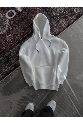 Zenna Tarz Kapşonlu Üç İplik Penye Basic Sweatshirt - Beyaz