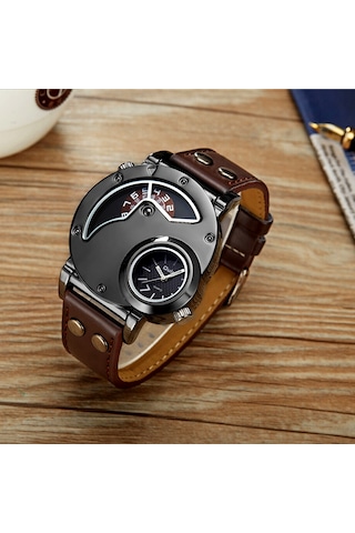 Leezsing Oulm Watch İki Zaman Dilimi Erkek Kuvars Saatler Marka Lüks Deri Kayış Spor Kol Saati İki Hareket Erkek Saat Relogio Masculino Kahve