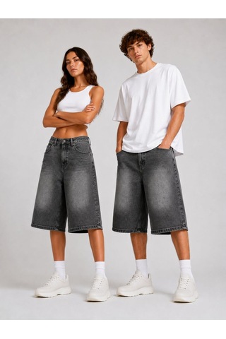 St.poll Eskitme Yıkama Unisex Baggy Denim Şort Füme