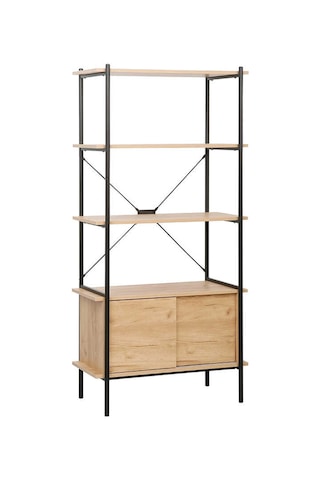 Retro 4 Raflı Sürgü Kapaklı Metal Kitaplık - Ceviz/siyah 80x163x40 Cm Ceviz - Siyah