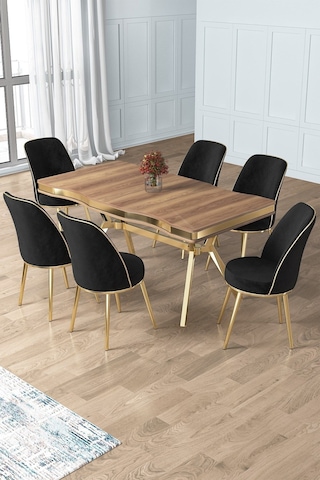 Canisa Prah Serisi 90x160 Lak Panel Hazar Gold Ayak Masa Takımı 6 Siyah Sandalye Hazar Masa Siyah Sandalye Ayaklar Gold