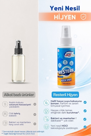 Resteril Çok Amaçlı Dezenfektan Sprey Durulanmayan Alkolsüz Koku Giderici Cpap Maske Dermastamp Dermaroller Alet Dezenfektanı 3 x 100 ML