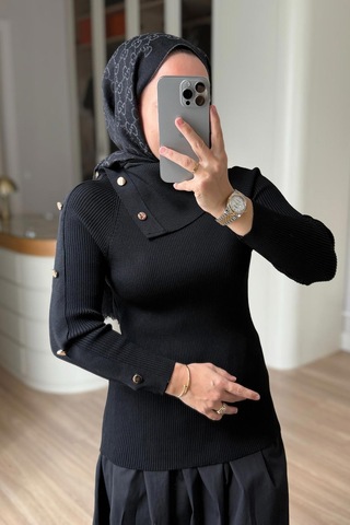 Kahijab Asimetrik Yaka Truvakar Kol Triko Bluz - Siyah
