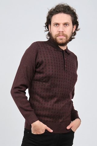 Çizgi Triko Erkek Cep Detaylı Polo Yaka Desenli Kazak 42544216 Bo Bordo