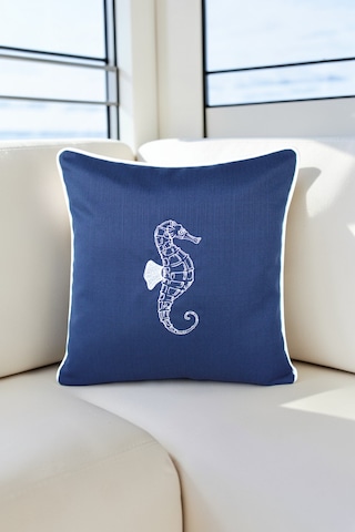 Kırlent Kılıfı 45x45 Marin Nakışlı Deniz Atı Desen Su İtici Outdoor Keten Beyaz Biyeli Tekne Bahçe Lacivert