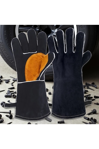 Techbloom Xl Siyah Turuncu Dikişli Dayanıklı Deri İş Eldiveni Kaynak Bahçe Çiftlik Sürüş İçin