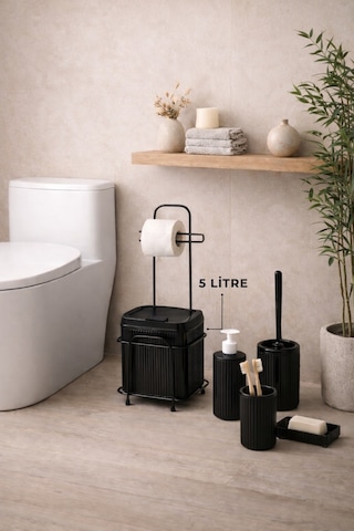 Decorev Büyük Banyo Standlı 6'lı WC Seti 5 Litre Çöp Kovası Siyah