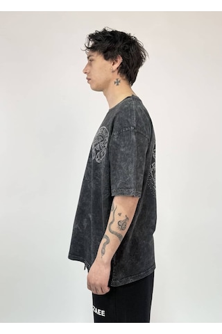Zaee Vintage Washed Taşlı Oversize T-shirt Antrasit