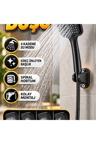 Siyah Çok Fonksiyonlu El Duşu Seti Spiral Hortum Ve Duvar Askısı Çok Renkli