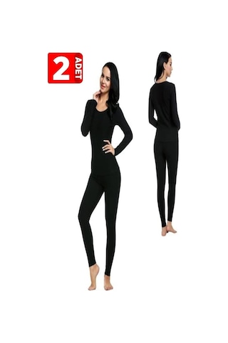 Kadın Siyah Büyük Beden Termal İçlik Takım 2'li Paket Siyah