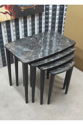 4 Lü Mdf Lam Ahşap Zigon Sehpa Siyah Mermer