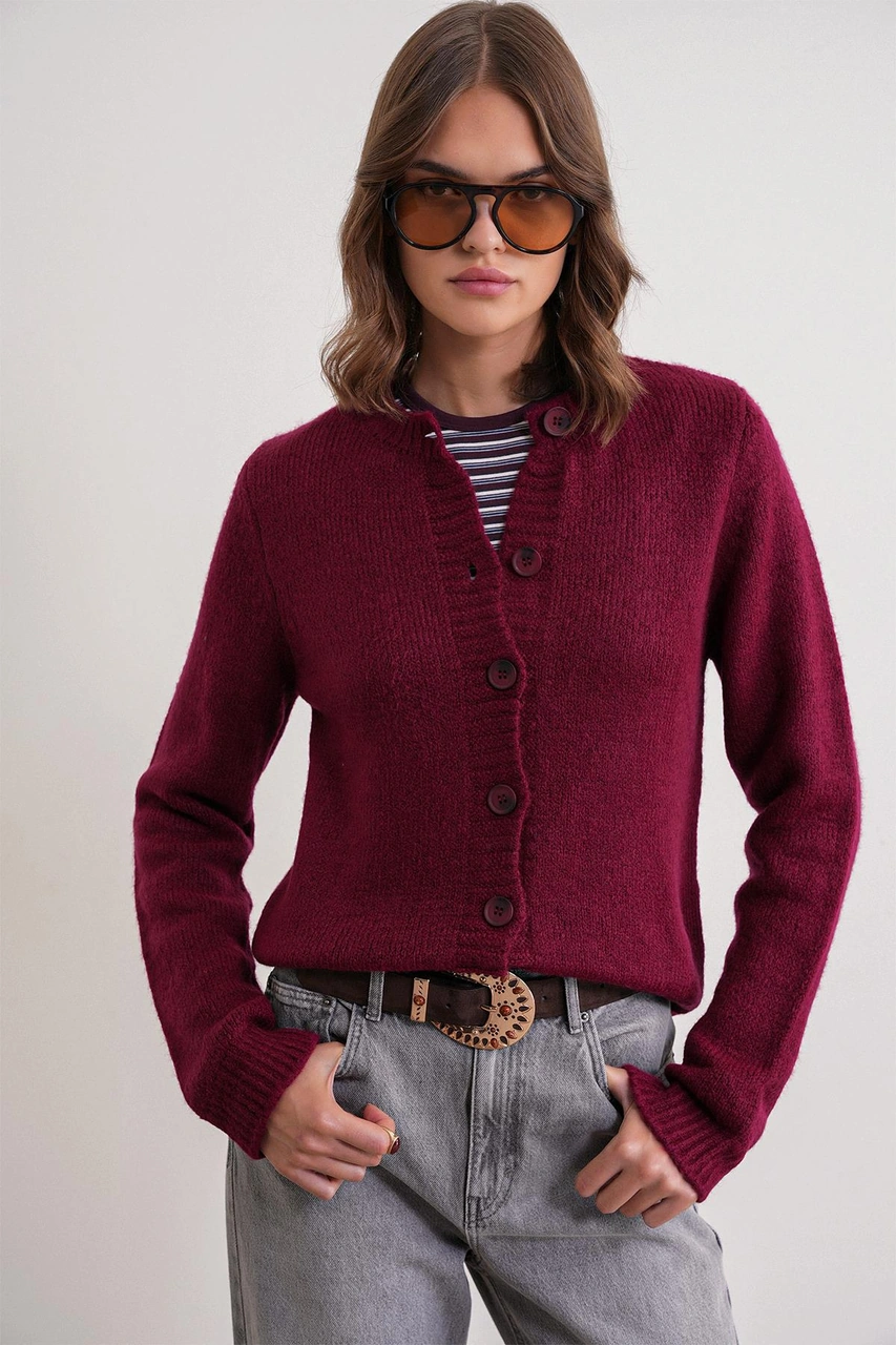 6951 Kadın Bisiklet Yaka Düğmeli Triko Kısa Hırka Bordo Bordo