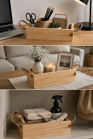Çok Amaçlı Ahşap Dekoratif Düzenleyici Sepet 30x14 Cm Doğal Çam Ağacı Jüt İp Kulplu