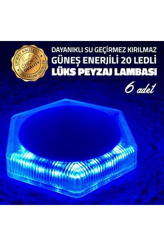 Upway 6'lı Güneş Enerjili Mavi Peyzaj Lambası - 20 Led Ip68 Su Geçirmez Kırılmaz Paslanmaz Mavi
