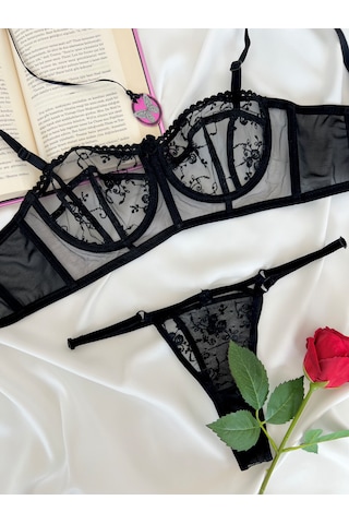 Arinda Candice Siyah Çiçek Desenli Brode İşlemeli Tek Renk Balenli Kapsız Askıları Çıkarılabilir Bralette Sütyen Tanga Alt Üst İç Çamaşırı Takımı 2 Parça