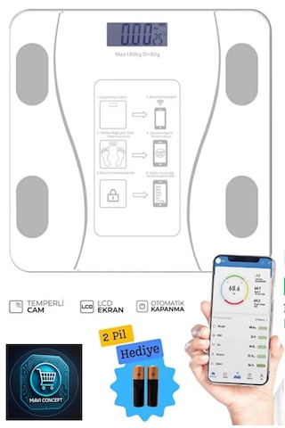 Dijital Baskül Yağ Su Kas Vücut Kitle Endeksi Kilo Ölçer Tartı Beyaz