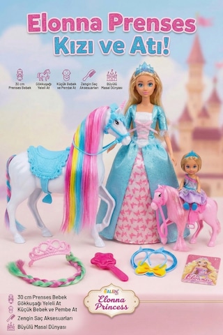 Elonna Princess Yeleli Unicorn At Ve 30 Cm Prenses Bebek Oyun Seti - Saç Aksesuarlı
