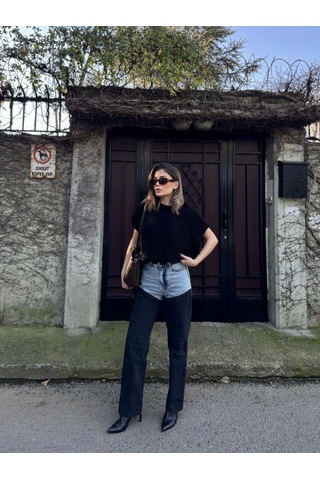 Sensuelle Jeans Kot Parçalı Palazzo Pantolon - Siyah Siyah