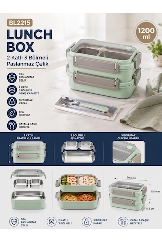 Vagonlife Bl2215 Açık Mavi 1200 Ml 2 Katlı 3 Bölmeli Paslanmaz Çelik Yemek Kabı Lunch Box Çok Renkli