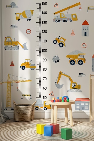 İş Makinaları Temalı Boy Cetvelli Çocuk Bebek Odası Sticker Seti Boy Cetveli İş Makinalı Sticker Dijital Baskı