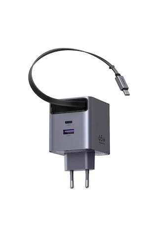 Ayrex Ugreen 65w Makaralı Dahili Kablolu Gan Hızlı Şarj Cihazı, 2xusb-c, 1xusb-a, Gri, 65825