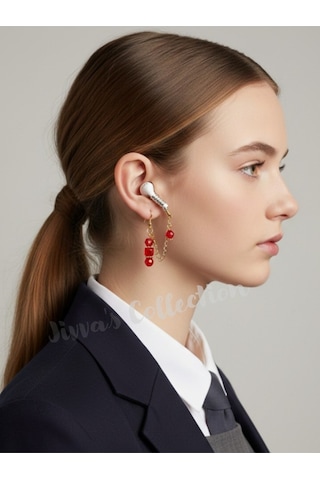 Bluetooth Kulaklık Kayıp Önleyici.kırmızı Boncuklu Küpe Ve Çıkarılabilir Kulak Tutucu. Özel Tasarım