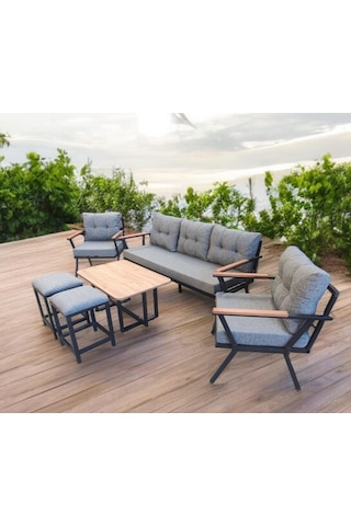 Pilocca Bahçe Ve Balkon Mobilyası Gri 3+1+1 Sehpalı Gri 2 Puflu Gri
