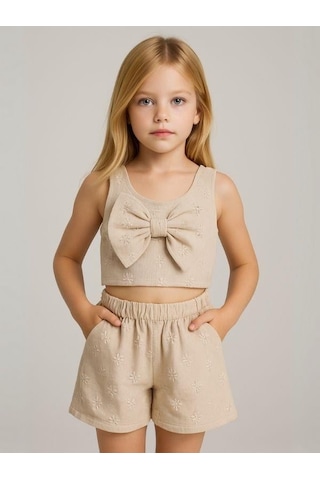 Kız Çocuk Crop Müslin Şortlu Takım-15972 Bej