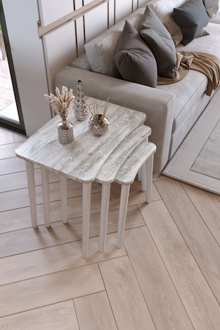 Zuesse Dizayn Beyza 3lü Zigon Sehpa & Yan Sehpa Beyaz Ahşap Ayaklı Salon Seti Çay Sehpası - Kristal