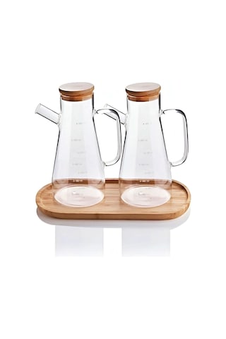 Bambu Kapaklı Cam Yağdanlık Vakumlu Ahşap Stantlı Sirkelik Zeytinyağı Şişesi Yağlık 900 Ml 3'lü Set