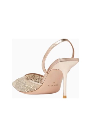 Nicoli Martini 75 Kristal Işlemeli Mesh Slingback Topuklu Ayakkabı, Zarif Işıltı Acı Kahverengi