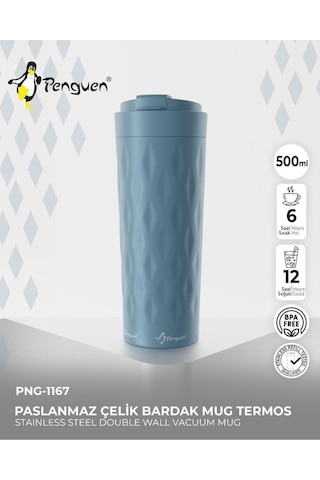 Png-1167 500ml Flip Kapak Desenli Çelik Mug 6 Saat Sıcak 12 Saat Soğuk Sızdırmaz & Bpa Free Açık Mavi