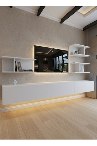 Resital Ledli Duvara Monte Tv Sehpası - Beyaz - W6011-1 Beyaz
