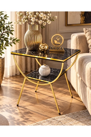 Odera Bendir Siyah Mermer Desenli Çift Raflı Yan Sehpa Komodin Metal Ayaklı Retro Modern Sehpa Diğer