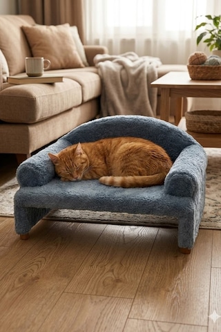 Reyo Pet Peluş Kedi Oturma Koltuğu Kedi Yatağı Çelik Mavisi