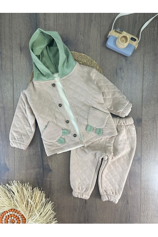 Bebicix Cep Detaylı Omuzdan Çıtçıtlı Kapitone 3'lü Erkek Bebek Takım Krem