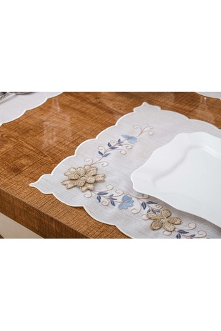 Finezza Linda Nakışlı Keten Efekt Kumaş Krem Mavi A.Servis 33x45 cm 4 Ad.-1400 Krem