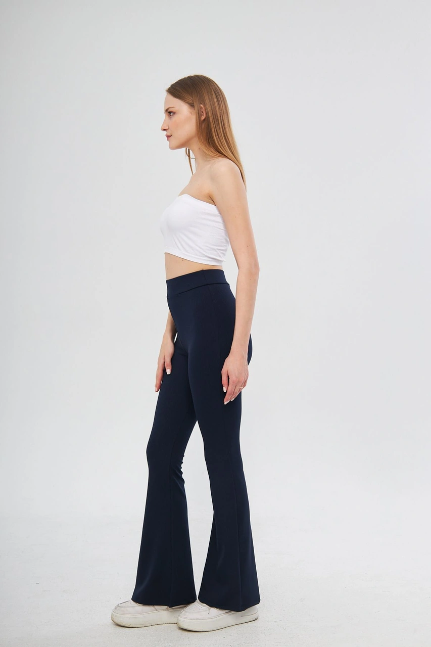 Siyah Yüksek Bel Fitilli Ispanyol Paça Interlok Örme Kadın Tayt Lacivert