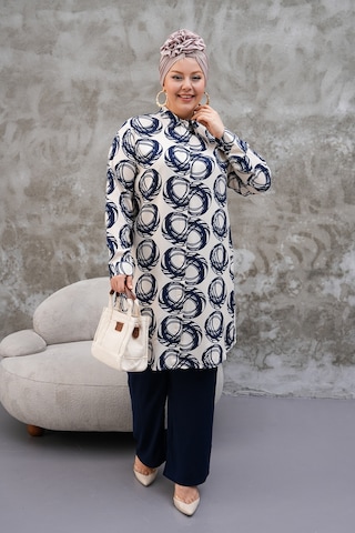 Polologin Butik Lacivert Daire Desenli Krem Tunik Krem & Lacivert