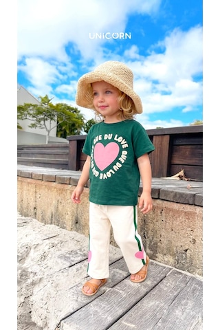 Baby Lory Kids Store Kız Çocuk Kalp Baskılı Yeşil Takım Yeşil - Krem