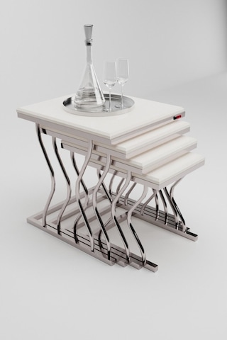 Arden Elite 4'lü Kare Zigon Sehpa Seti Gümüş Krom Ayak, Krem Mdf Beyaz