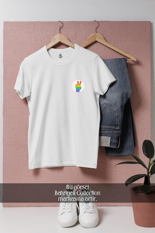 Oversize Lgbt Hand Cep Tasarımlı Unisex T-shirt Beyaz