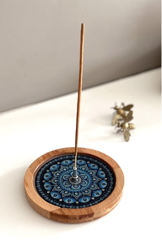 Ahşap Üzerine Epoksi Mandala Desenli Yuvarlak Tütsülük -12 Cm Çap- Mavi