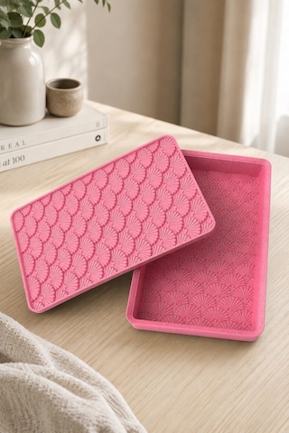 Desenli Kapaklı Dekoratif Kutu Masa Üstü Organizer Takı Aksesuar Saklama Kutusu Pla 20x12.5 Cm Pembe