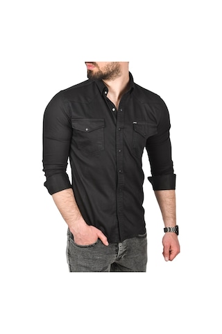 Deepsea Erkek Siyah Slim Fit Pamuklu Cepli Kot Gömlek Çıtçıtlı Uzun Kollu Spor Gömlek 2502503 Siyah