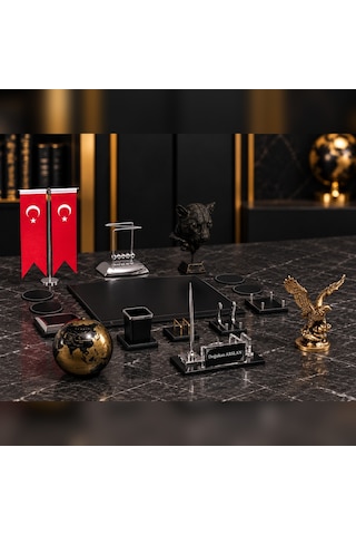 16 Parça Kristal Masa İsimlik Ofis Seti Kartal, Panter, Türk Bayraklı Siyah - Gold