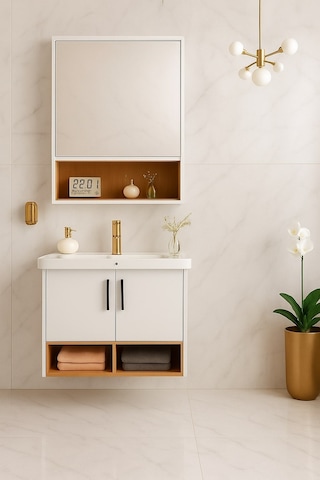 Dmz Home Concept Legna 65 Cm Banyo Dolabı Takımı Beyaz & Ahşap Mdf Seramik Lavabolu Alt Ve Üst Dolap