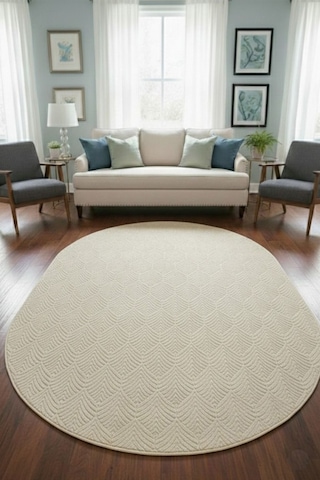 Raschel Carpet Premium Oval Yıkanabilir Leke Tutmaz Yaprak Emboss Krem Özel Seri Kaymaz Taban Halı Yolluk Krem