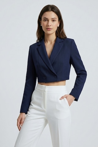 Saade Koyu Lacivert Kadın Regular Fit Kruvaze Kapama Dokuma Crop Blazer Ceket -şık & Spor